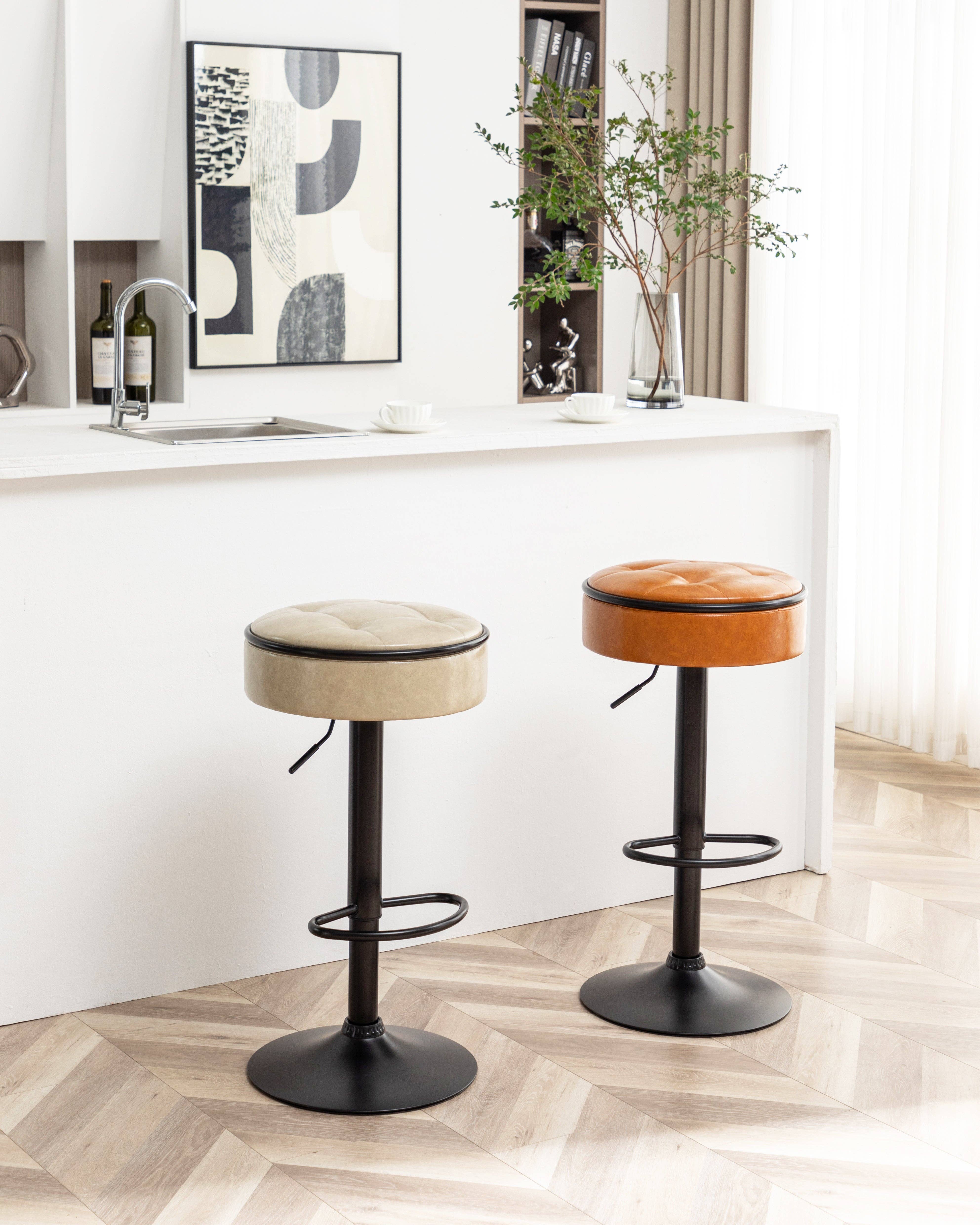 Orange County Decor - Wholesale Stool - Round Storage Bar Stool Set Of 2, Khaki Faux Leather Height Adjustable Barstool, 360 Counter Height Swivel Stool, Armless Bar Chair With Metal Frame For Kitchen Counter Dining Living Room Khaki Set10