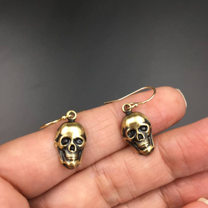 Metal Cloth & Wood - Wholesale Dangle Earrings - Gothic Handmade Brass & Gold Skull Dangle Earrings3