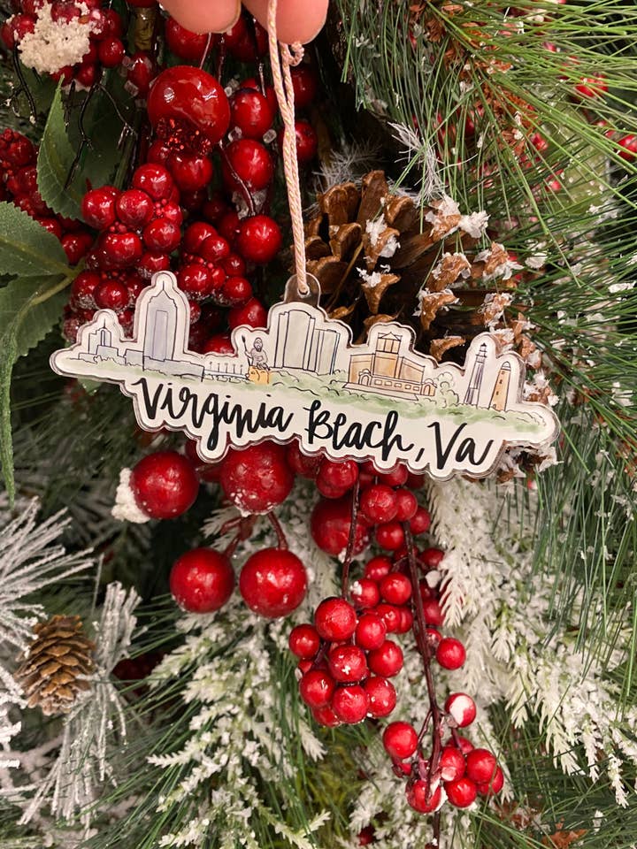 Virginia Beach Virginia acrylic skyline ornament for wholesale by Thirteenwinks