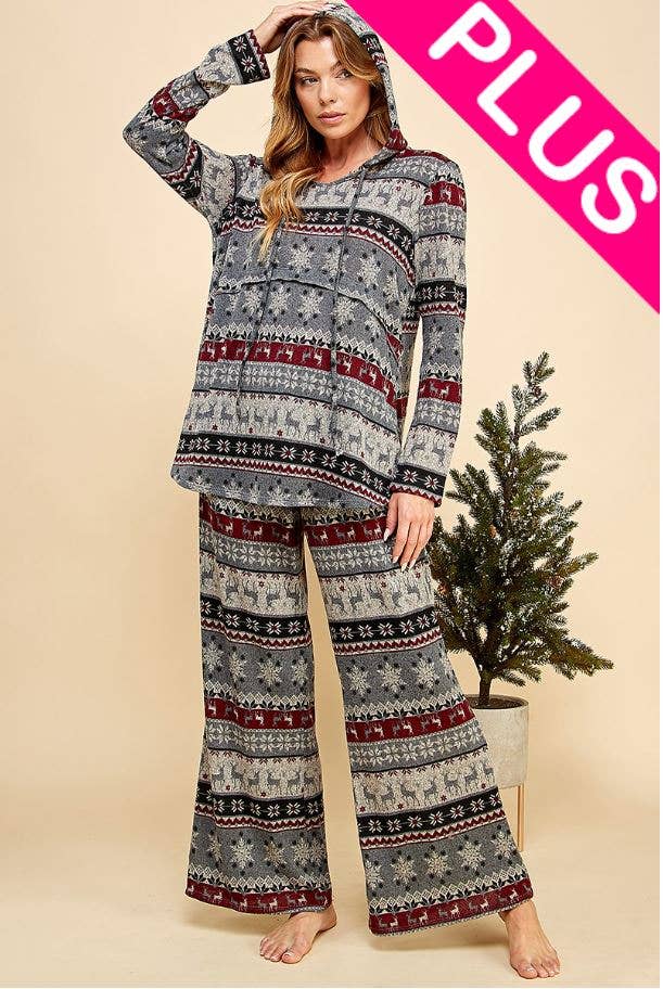 SP8039P-SET Women Comfy Multi Print Hoodie Sweater &Pant Set
