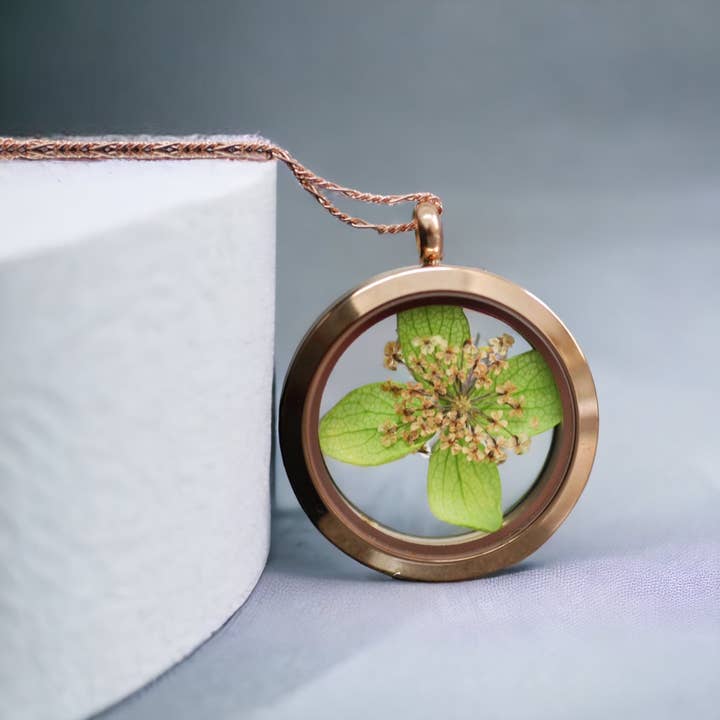 MadamLili - Wholesale Pendant/Charm Necklace - Dill Flower Real Leaf Locket Chain - 925 Sterling Rose Gold Plated Necklace - K925-662