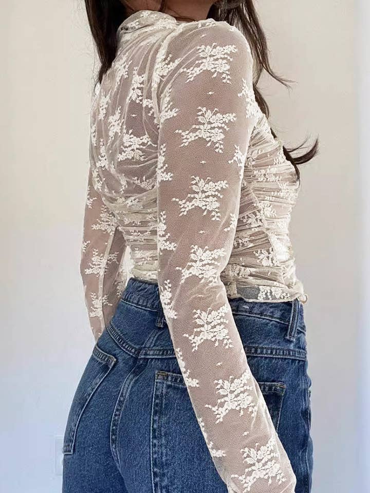 safistyle - Wholesale Blouse - Women's - Ruched Sheer Lace Long-Sleeve Top3