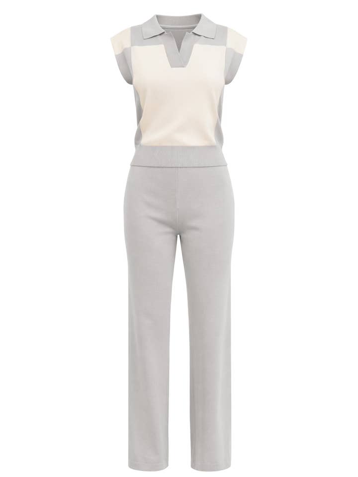 Ensemble haut tricoté chic à blocs de couleur et pantalon uni pour la vente par RIVIR