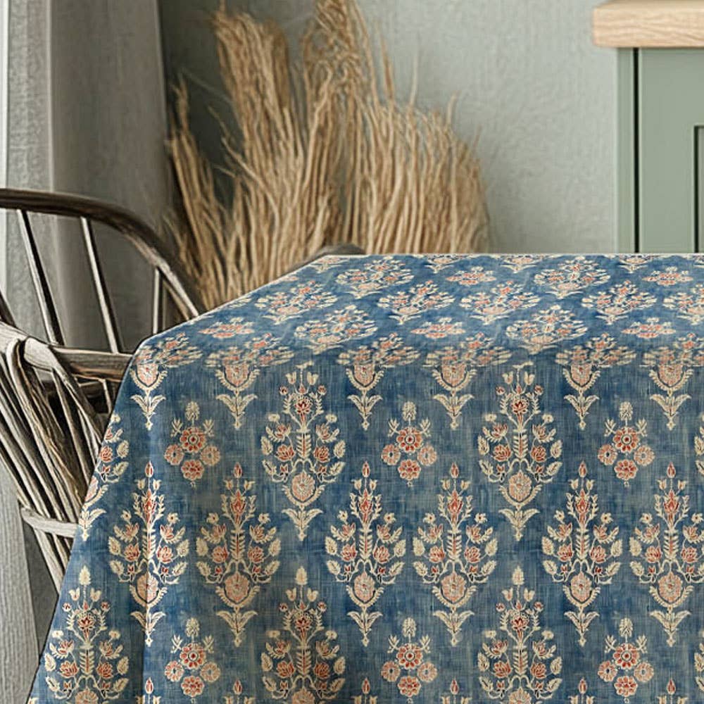 NorraVilla - Vendita all'ingrosso Tovaglie - Tovaglia in lino con stampa a blocchi blu su lino color avena0