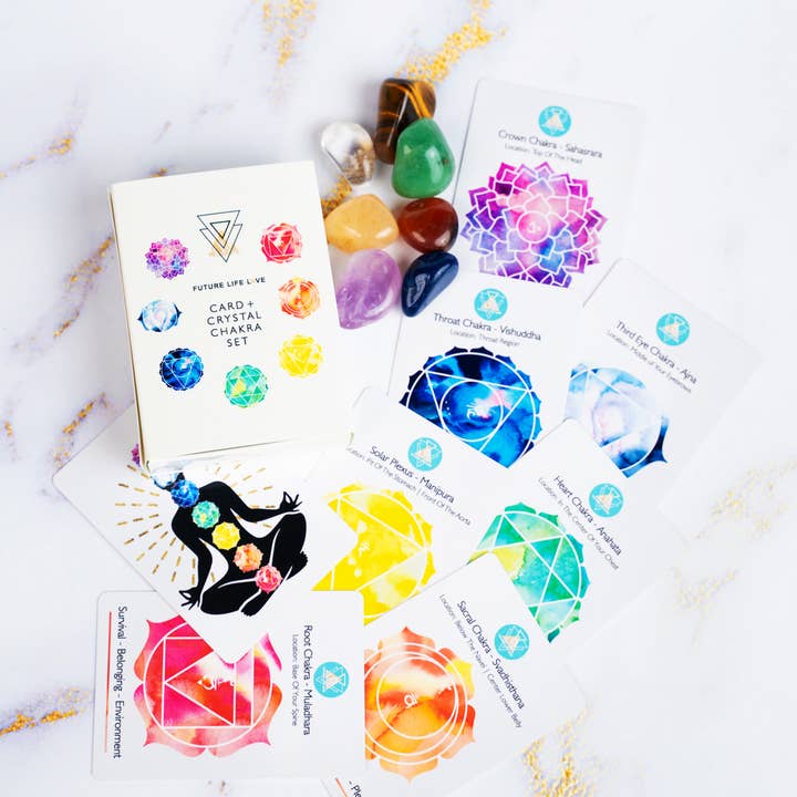 Chakra Card Set With 8 Cards and 7 Crystal Set White Box for wholesale on Faire15