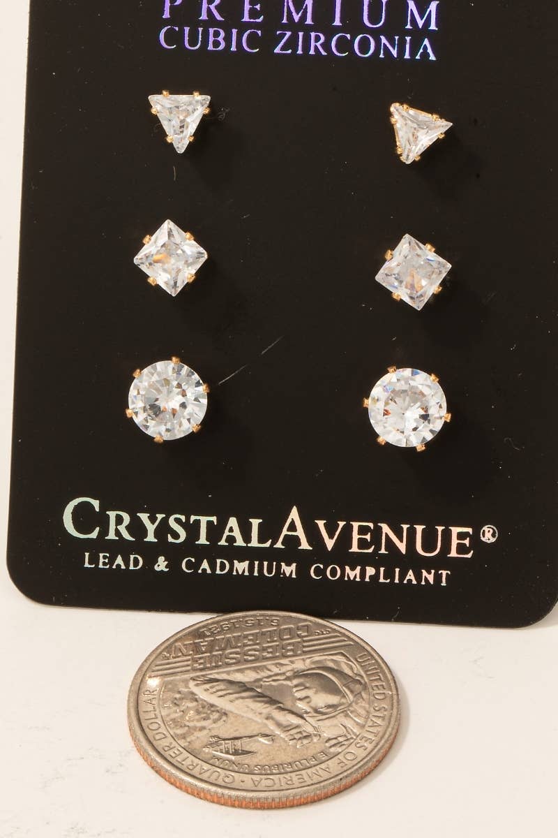 Fame Accessories - Wholesale Stud/Post Earrings - 3Pc Mixed Cubic Zirconia Stud Earrings Set2