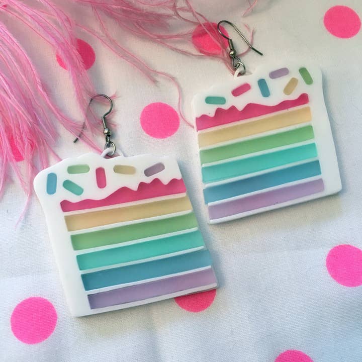 I'm Your Present - Wholesale Dangle Earrings - Pastel Rainbow Layered Cake Slice And Sprinkles Earrings, Laser Cut Acrylic, Plastic Jewelry