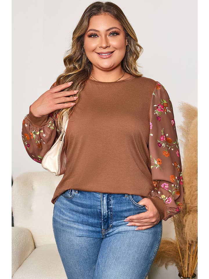 Brown Plus Size Floral Patchwork Sleeve Crewneck Top for wholesale on Faire3