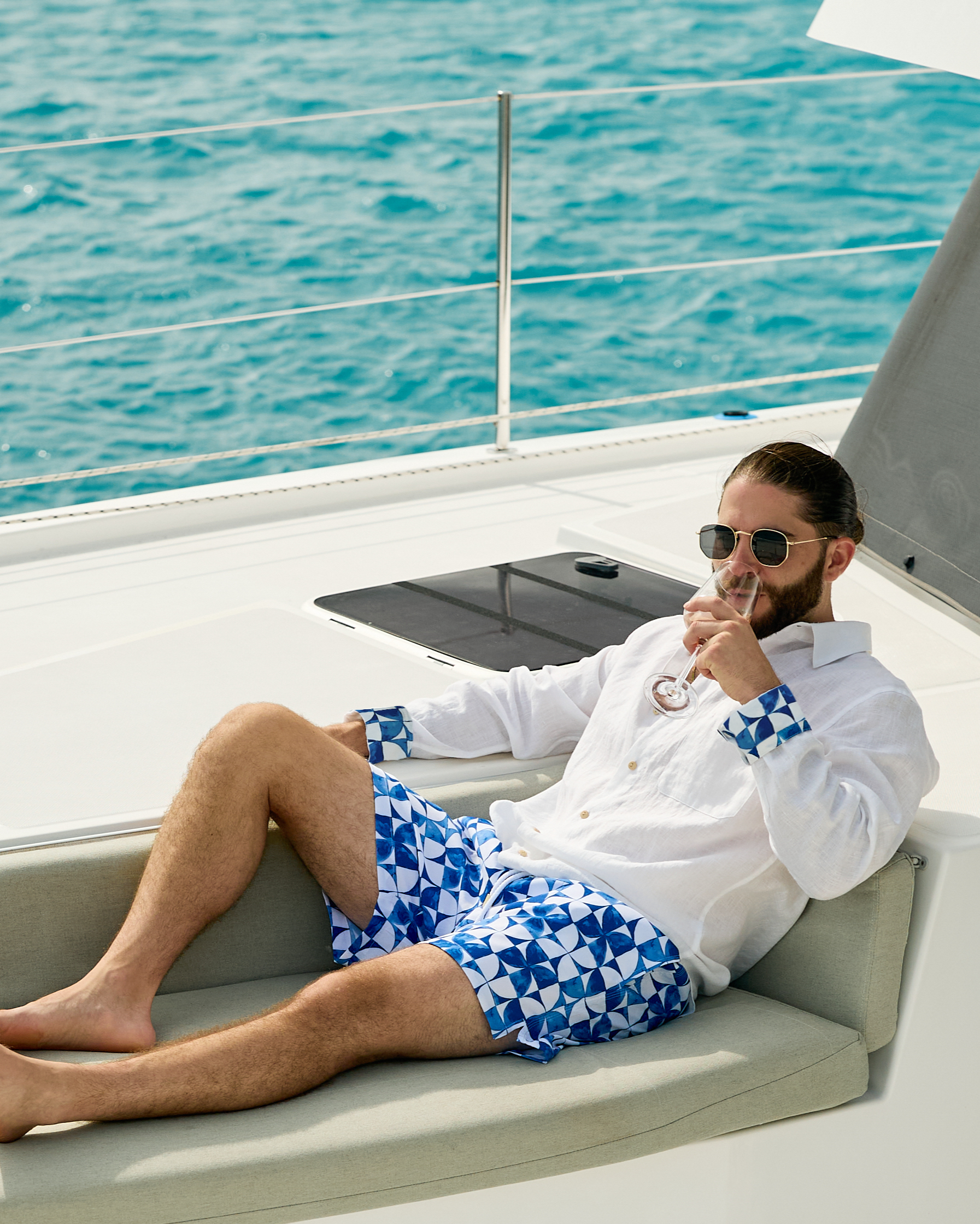 Mens Blue and White Print Swim Trunks for wholesale on Faire1