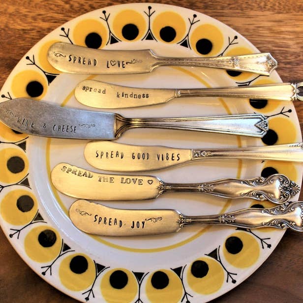 juNxtaposition® - Wholesale Cheese Spreader - SPREAD LOVE hand stamped vintage charcuterie spreader knife
