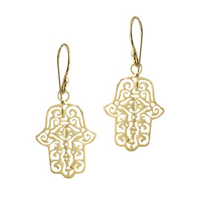 SALE Lacey Hamsa Gold Plate Dangle Earrings for wholesale by Saraswati Imports