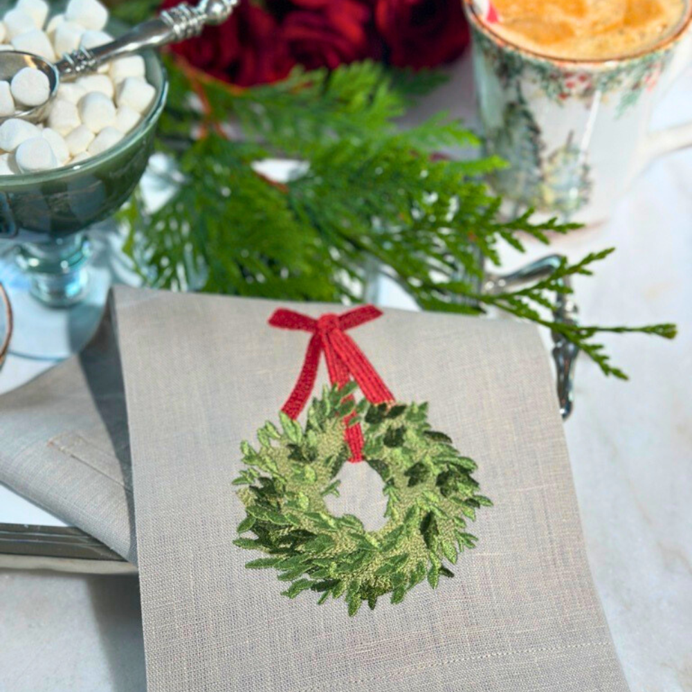 Arte Italica & Crown Linen Designs - Wholesale Tea Towel - Boxwood Wreath Linen Towel3