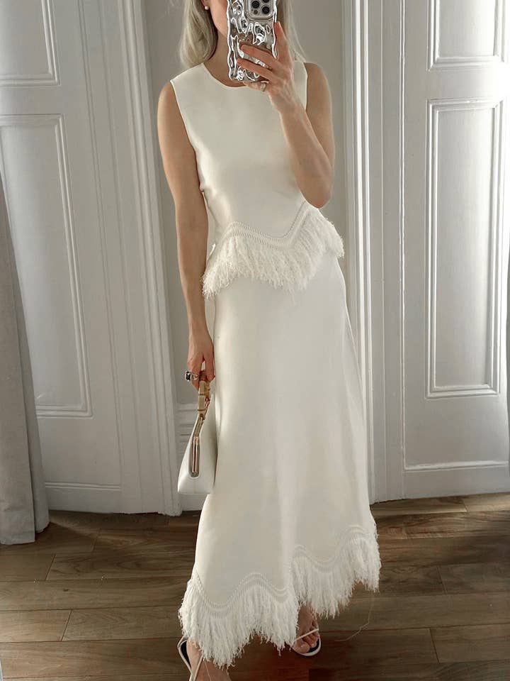 Beige Elegant Tassels Patchwork Knit Top Maxi Skirt Set for wholesale on Faire2