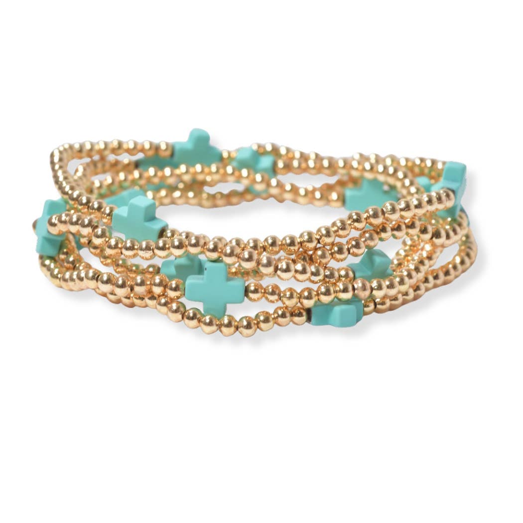 SOPHIA WHOLESALE - Wholesale Beaded Bracelet - Multi layered gold bead stretch bracelet with cross accent n7