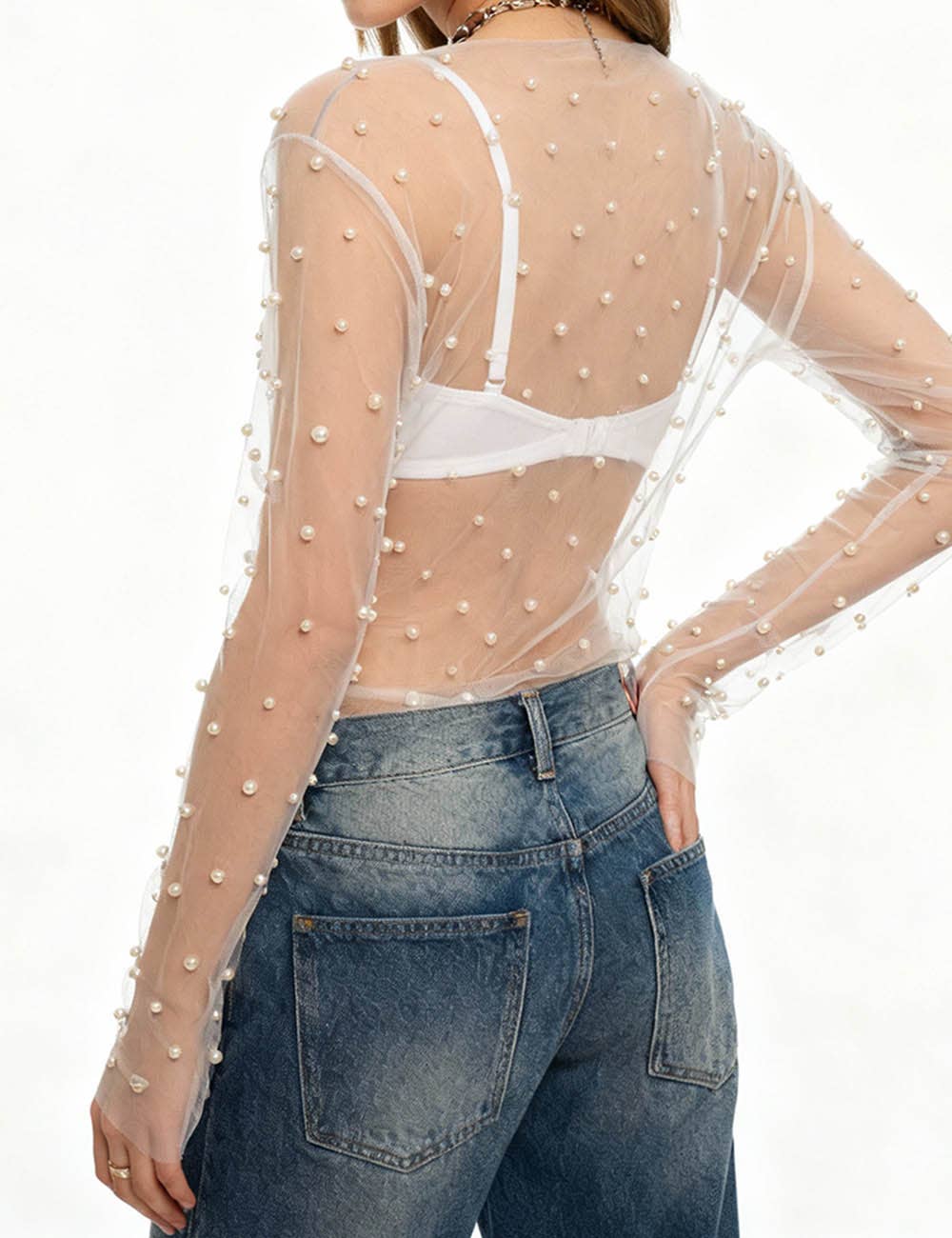 Sweetkama - Wholesale Blouse - Women's - Sparkle Pearl Studded Sheer Mesh See Through Top SKT210697