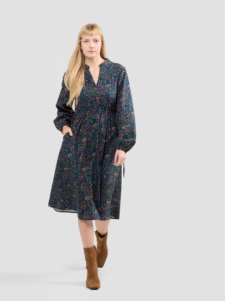 Floral Range Printed Adjustable Waist Midi Dress With Pockets for wholesale by Poplin and Co.