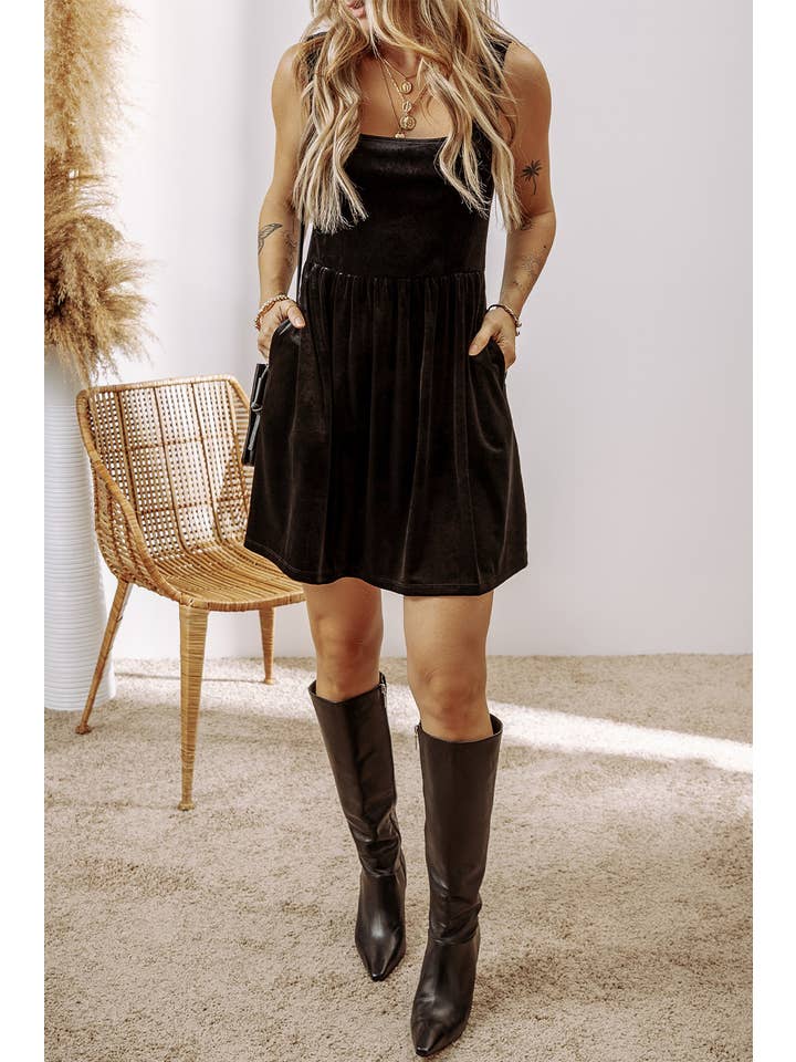 Black Velvet Square Neck Sleeveless High Waist Dress with Pockets for wholesale on Faire