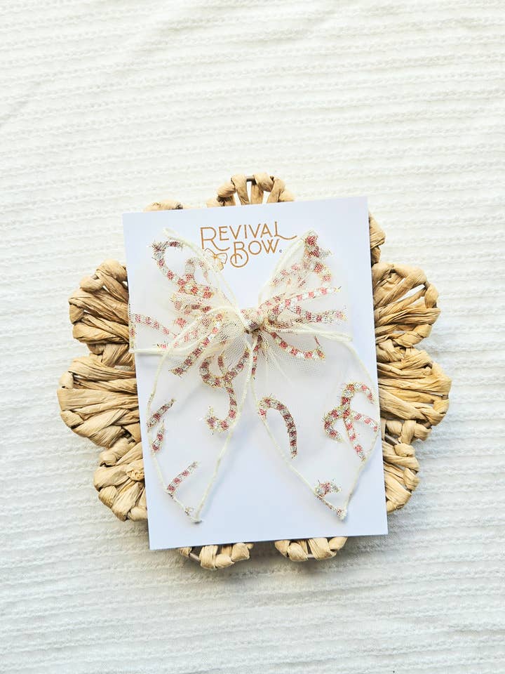 Large Fable Bow on Clip • Sheer Candy Cane for wholesale by Revival Bow Co.