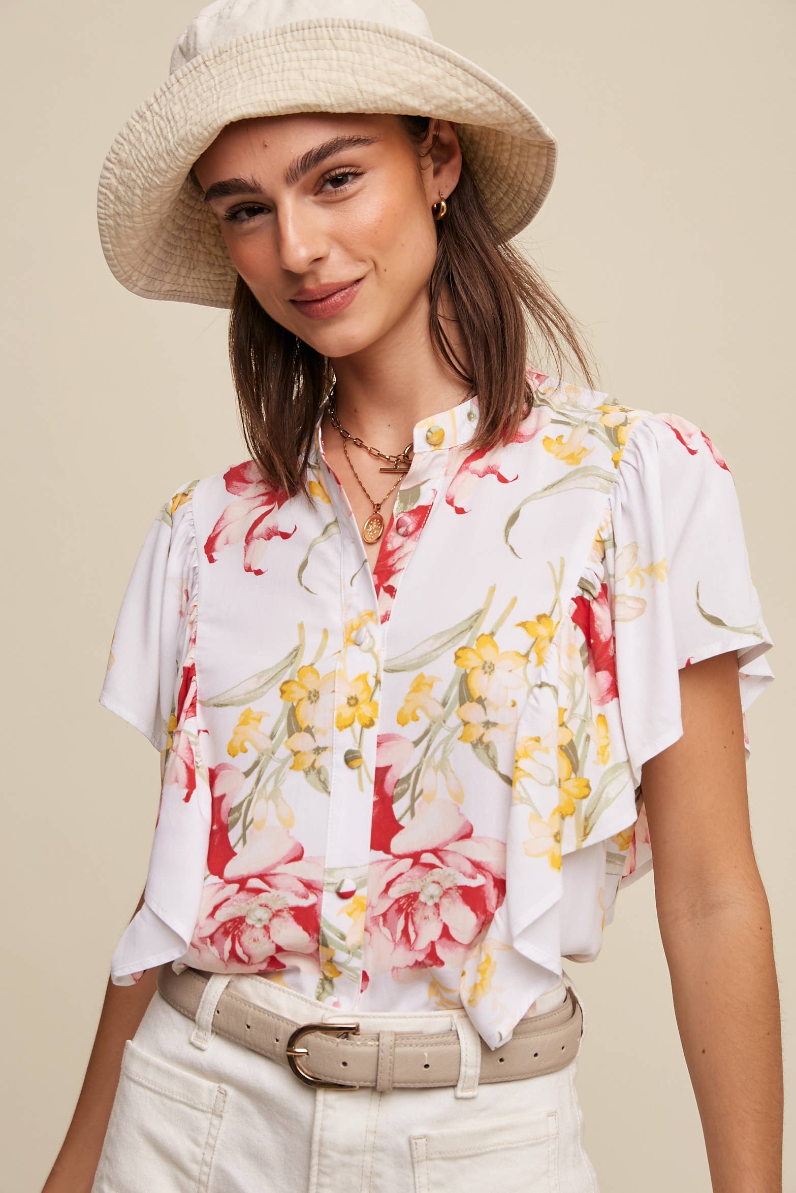 Listicle - Wholesale Blouse - Women's - Floral Flutter Sleeve Blouse1