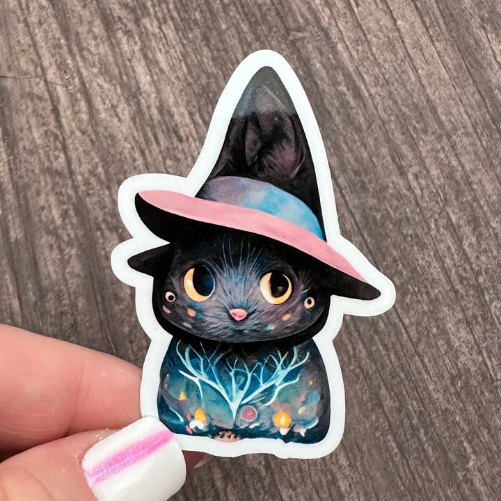 Wetterfester gestanzter Aufkleber „Schwarze Katze mit Hexenhut“ für den Großhandel von 8.25 Designs