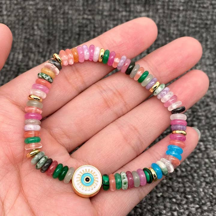 Mio Queena - Wholesale Beaded Bracelet - Enamel Evil Eye Charm Stone Beaded Elastic Bracelet - CS