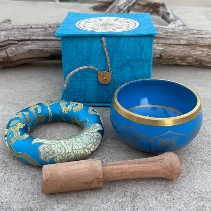 Lungta Imports - Wholesale Meditation Supplies - Tibetan Complete Singing Bowl Gift Box Set 8 Lucky Symbols 18