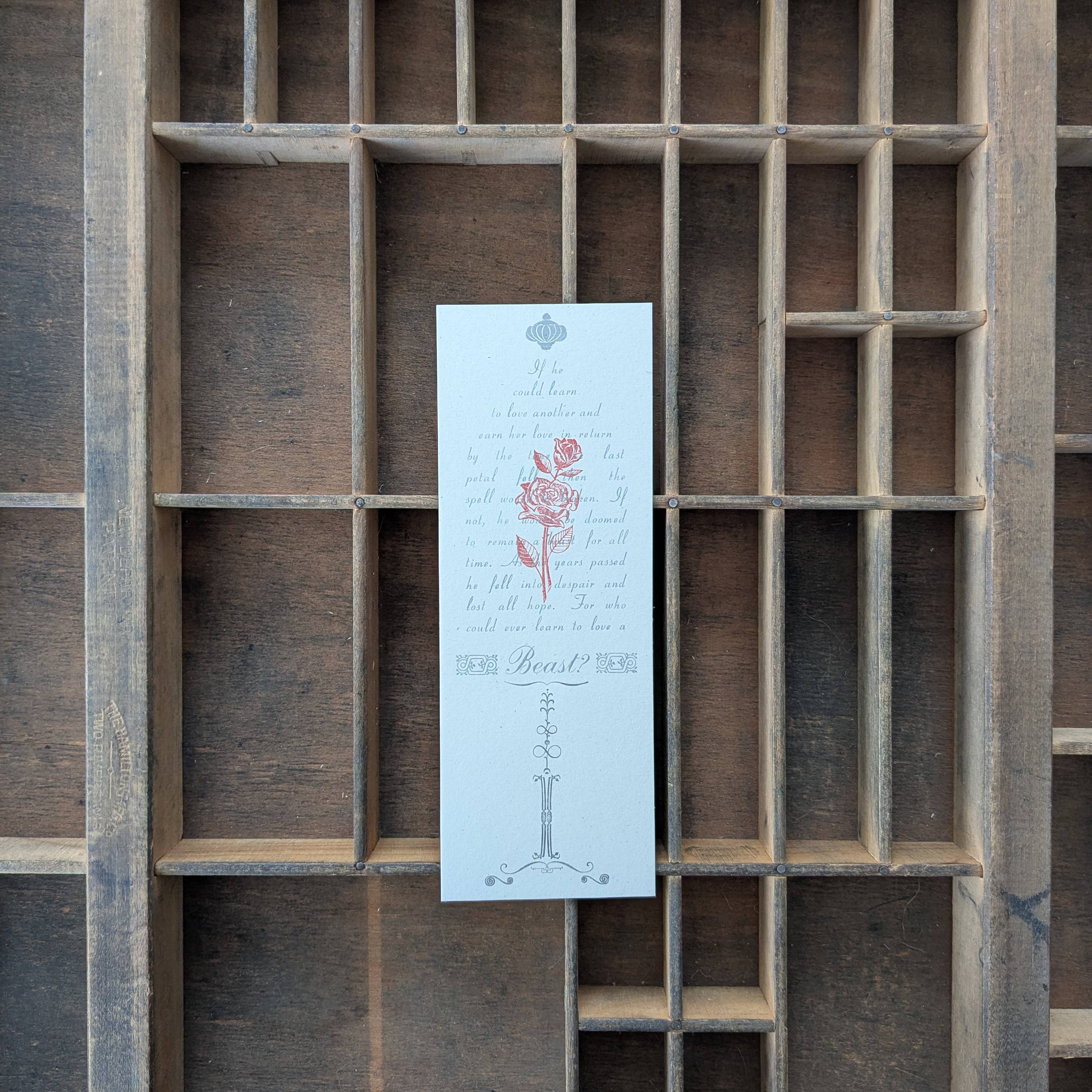 Tussie Mussie Press - Venta al por mayor Marcapáginas - Marcapáginas Letterpress Rosa Encantada de La Bella y la Bestia1