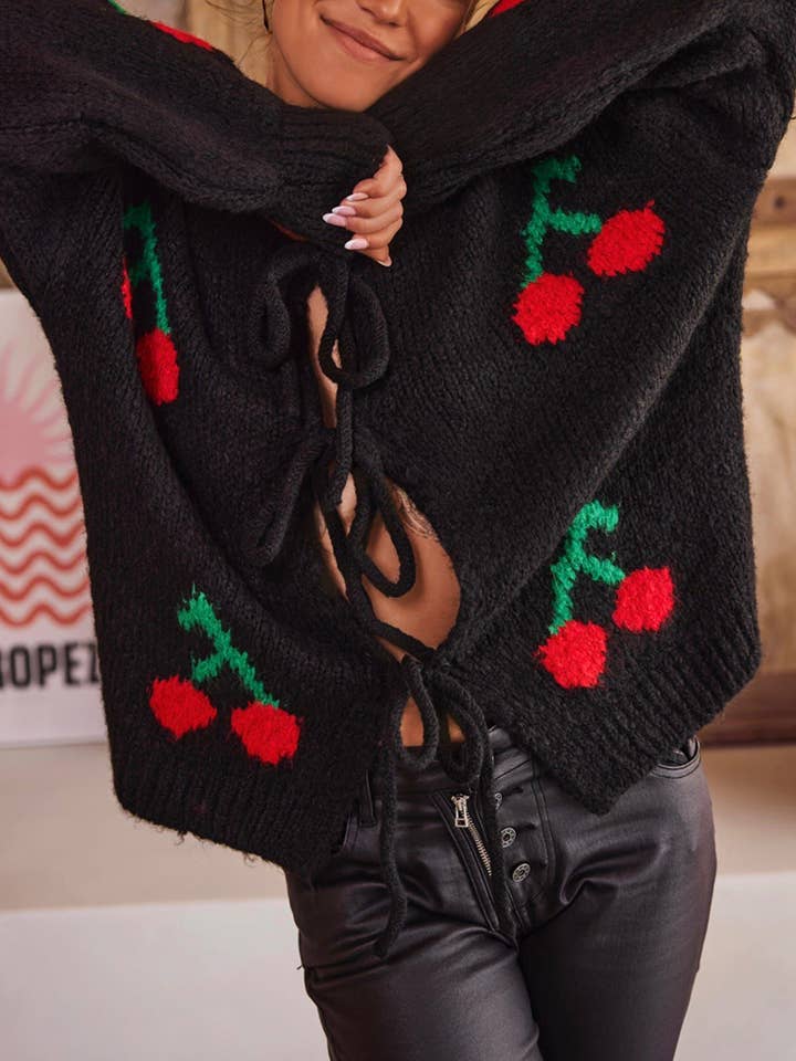 HIDDENBRAND - Wholesale Cardigan - Women's - Cherry Embroidered Jacquard Lace-Up Knitted Cardigan