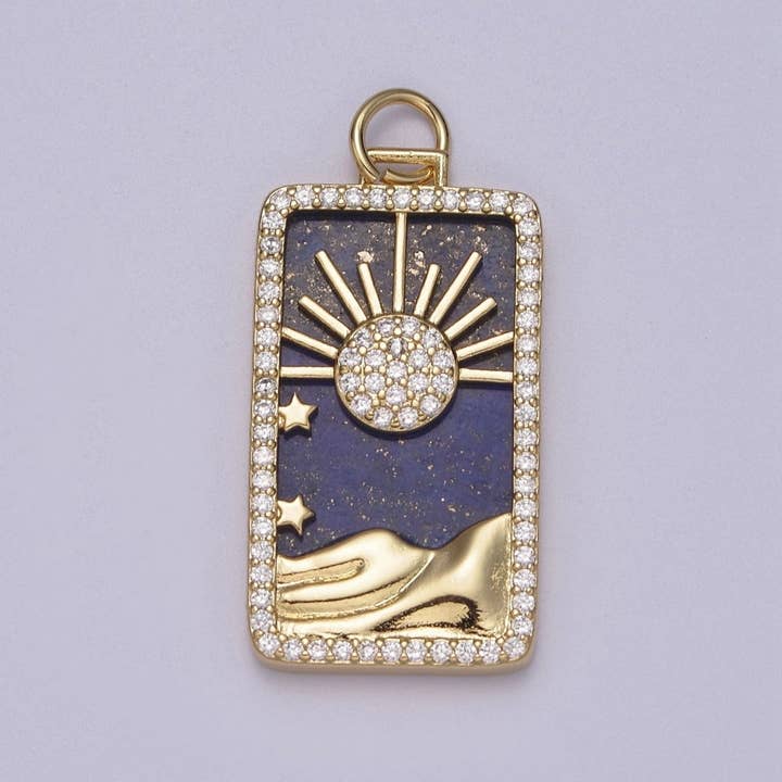 Aim Eternal - Wholesale Individual Charm/Pendant - Pearl Sun Tag Charm Blue Lapiz Mountain Gold Filled Charm Clear CZ Tag Medallion Charm Pendant E-424 E-4454