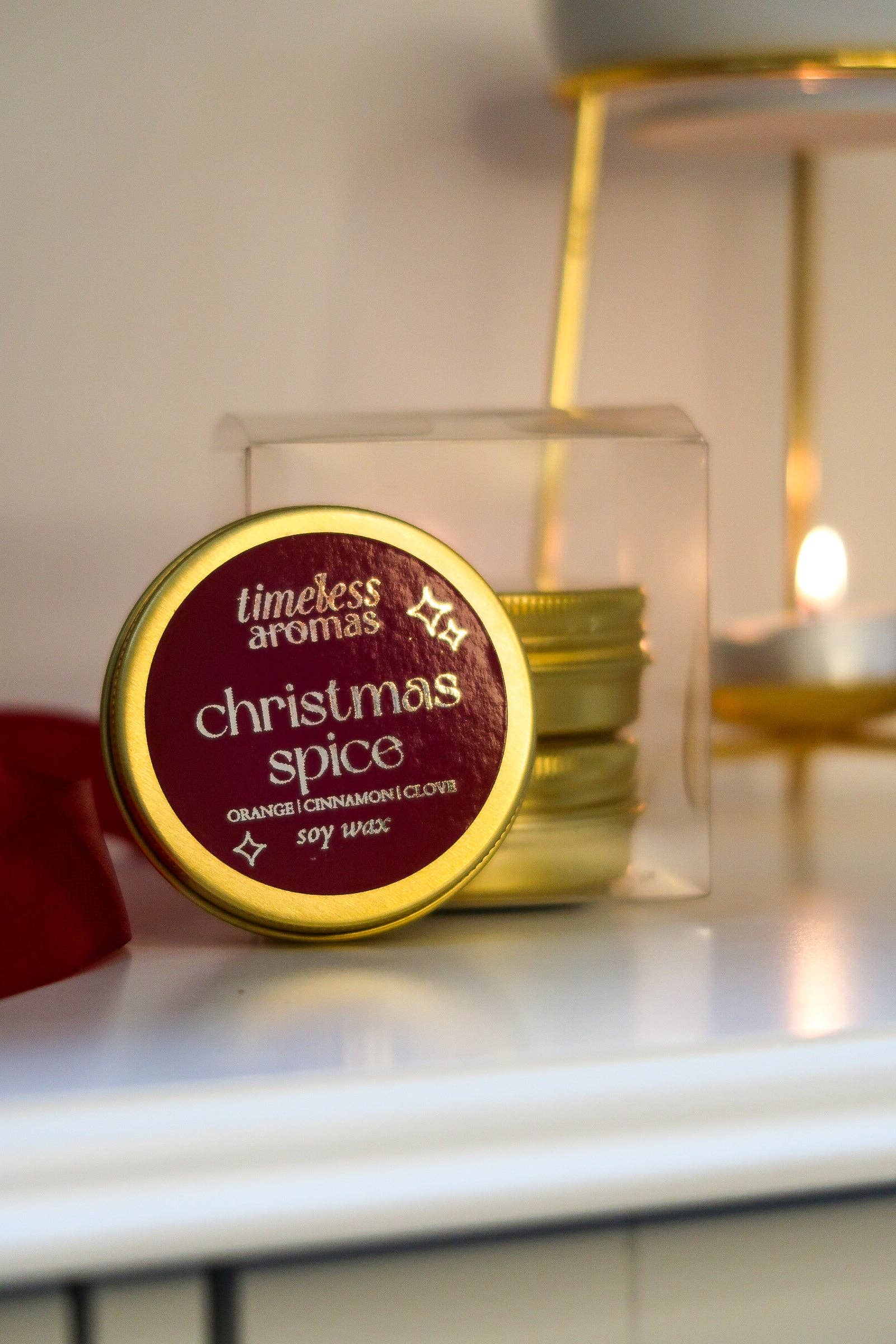 Timeless Aromas Ltd - Vente Bougies de voyage - Bougie de Luxe Épices de Noël en Boîte Dorée | Timeless Aromas4