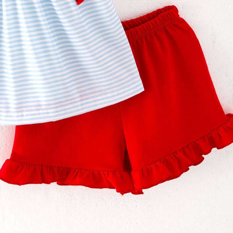 Auraquise - Vente Ensemble haut et short – enfant - Ensemble court brodé smocké avec nœud drapeau du 4 juillet pour filles4