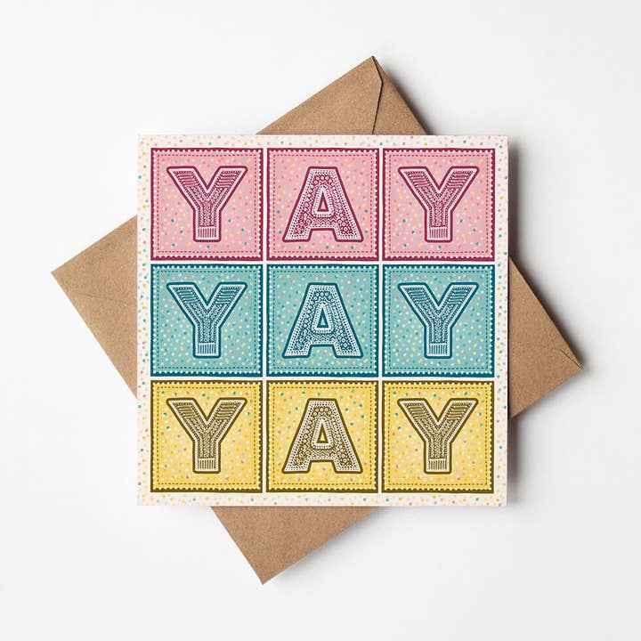 'YAY YAY YAY' Pastel Typographic Congratulations Card for wholesale by Jess A Little Creative