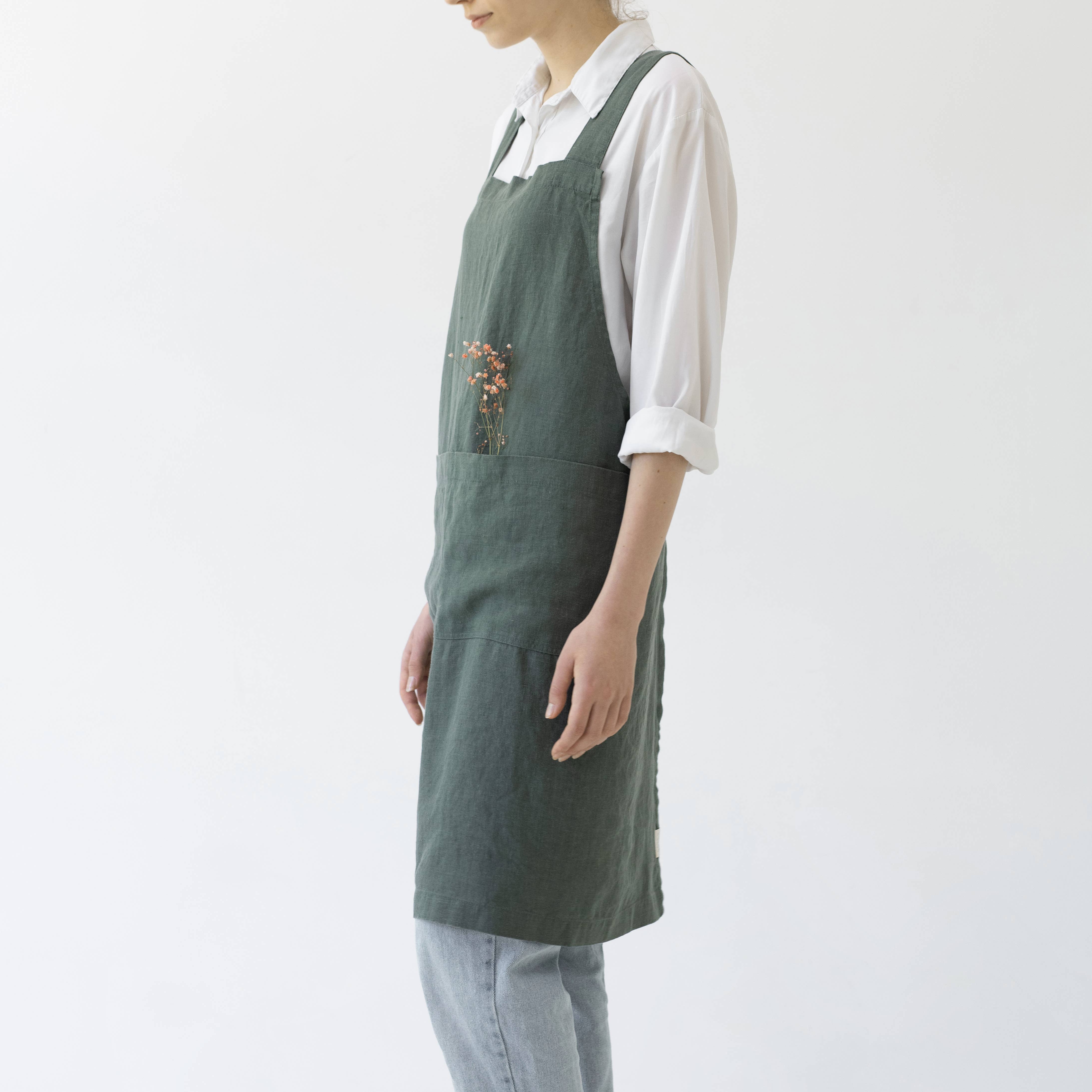 Linen Tales (We cover U.S. import duties) - Wholesale Apron - Forest Green Linen Japanese Crossback Apron2
