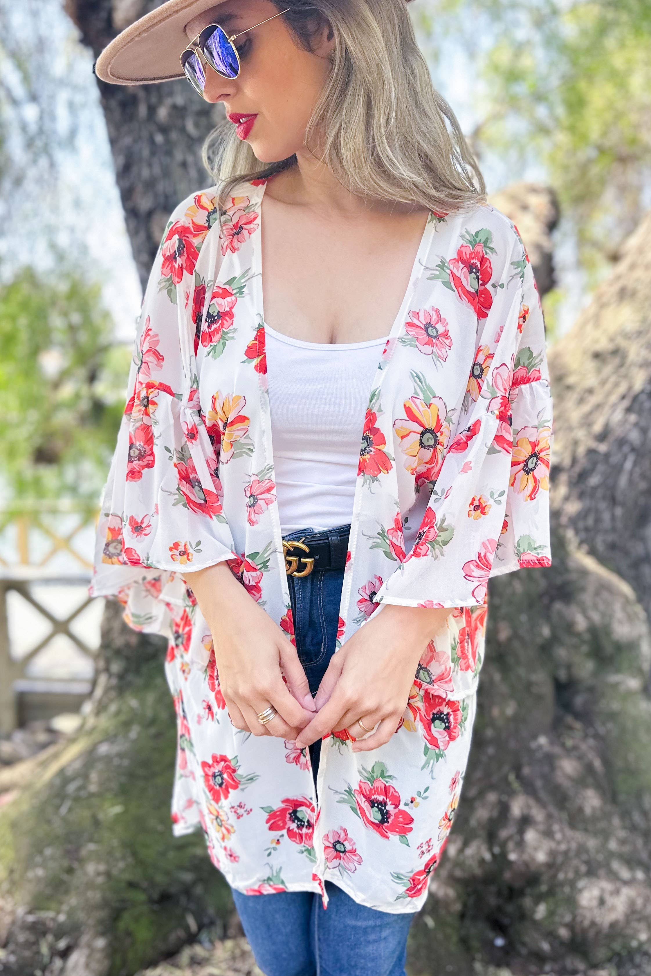 AMOLI – wholesale Kimono – Women's – Floral Printed Ruffled Sleeve Chiffon Kimono Cover-Up1