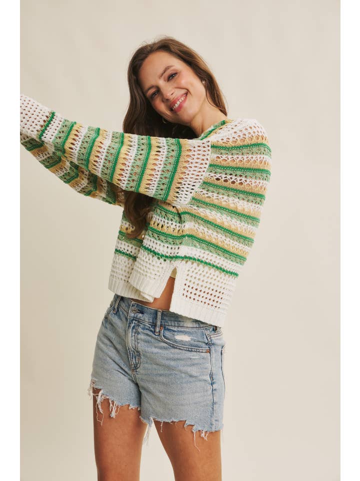 in february - Wholesale Knit Sweater - Women's - BRIGHT VIBRANT MULTI STRIPE LOOSE FIT CROCHET SWEATER TOP21