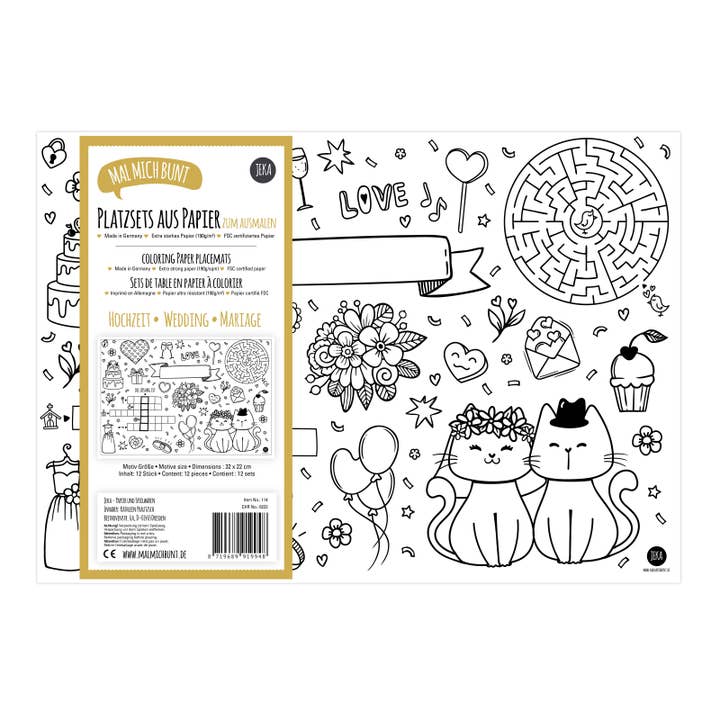 12 farvelægningsmåtter med bryllupsmotiv for engroshandel hos Mal Mich Bunt