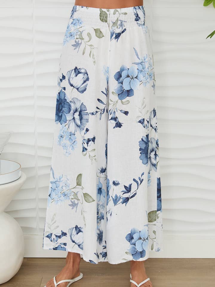 GARDENIA PRINT LINEN BUKSER MED RYNKET TALJE (155075-GARDENIA) for engroshandel hos MILIO MILANO