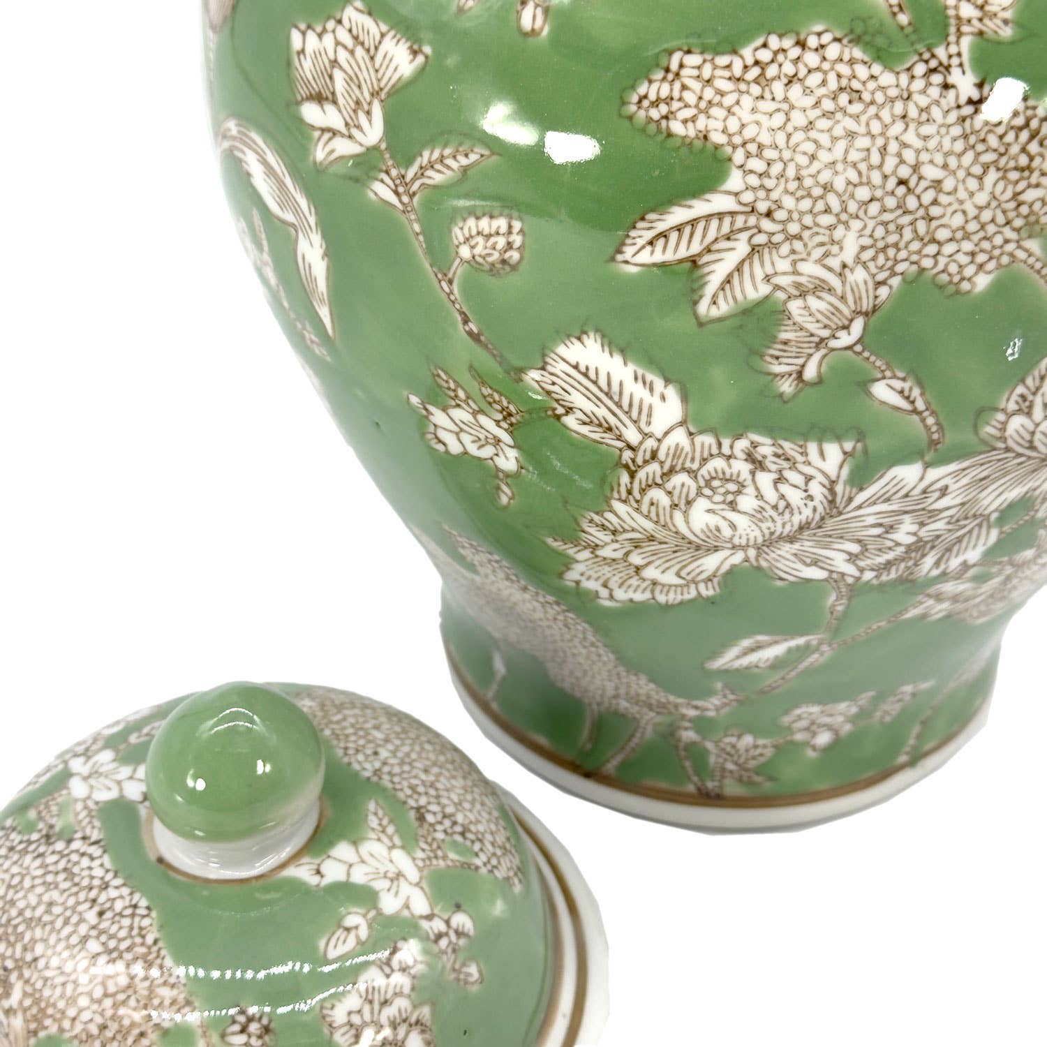 Galt International Company - Wholesale Decorative Jar - Green & White  Floral Peony Ceramic Chinoiserie Jar 12"6
