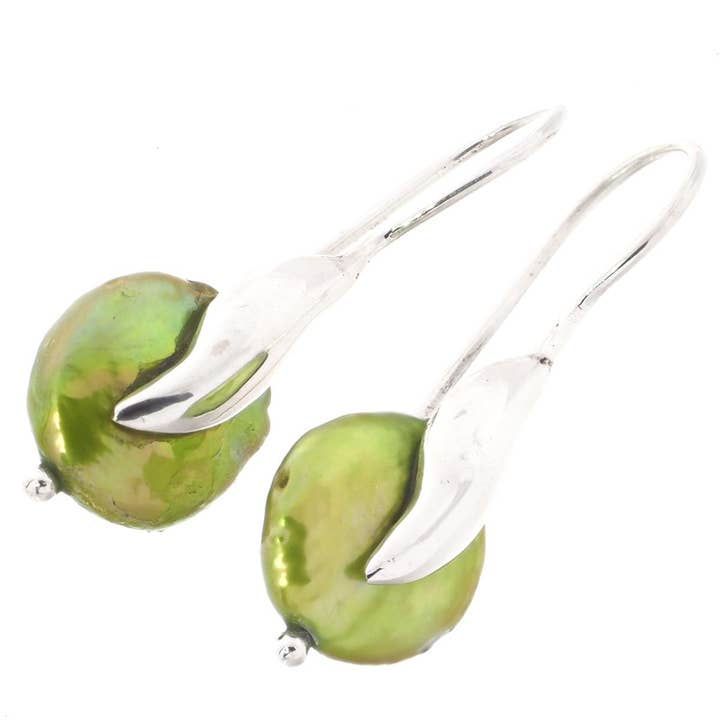 925 silver cute green biwa freshwater coin pearl sterling earrings, 13/16" for wholesale by FifiRose