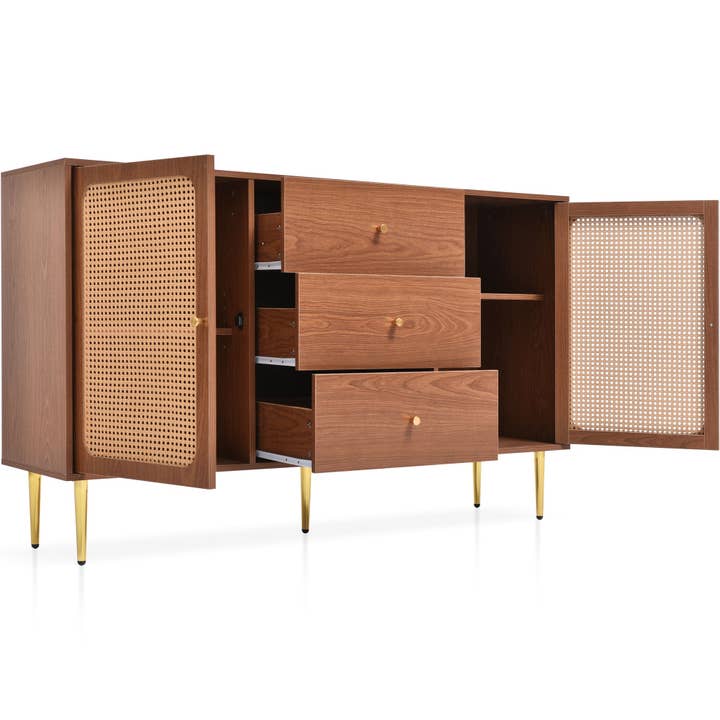 Urban Meuble - Wholesale Cabinet - Walnut wood effect sideboard with 2 doors and 3 rattan drawers, golden legs and handles 150*90*40cm URNO5