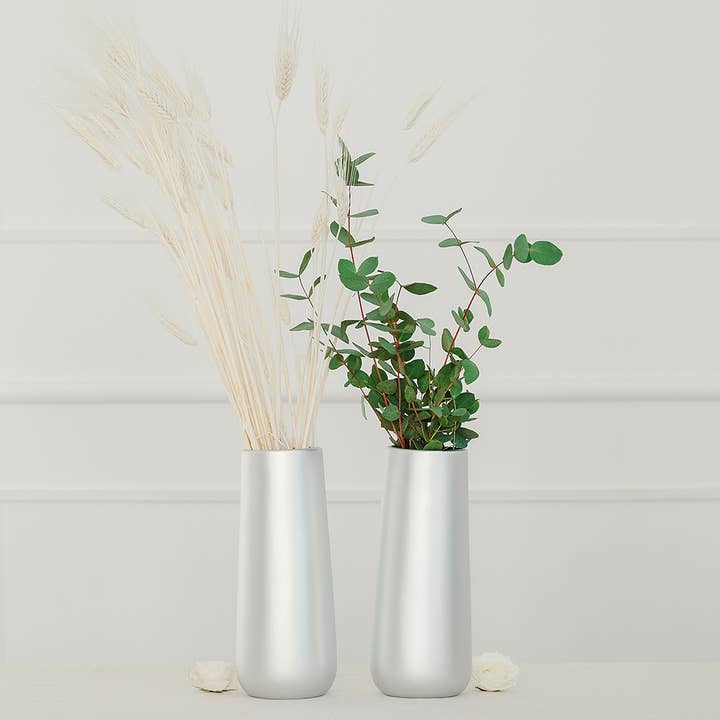 Weddingstar Inc. - Wholesale Vase - Tall Thin Metallic Chrome Vases (Brushed Silver) - Set of 2