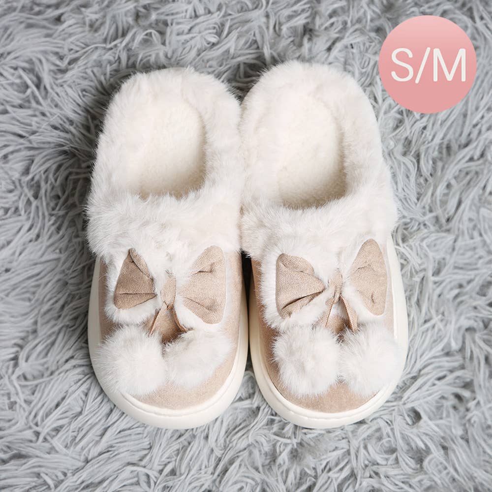 Sensibling Corp. - Wholesale Slippers - Women's - Bow Pom Pom Pointed Faux Suede Indoor Floor Slippers5