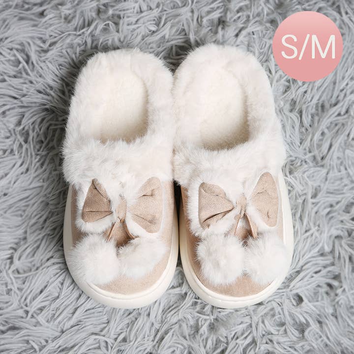 Sensibling Corp. - Wholesale Slippers - Women's - Bow Pom Pom Pointed Faux Suede Indoor Floor Slippers5