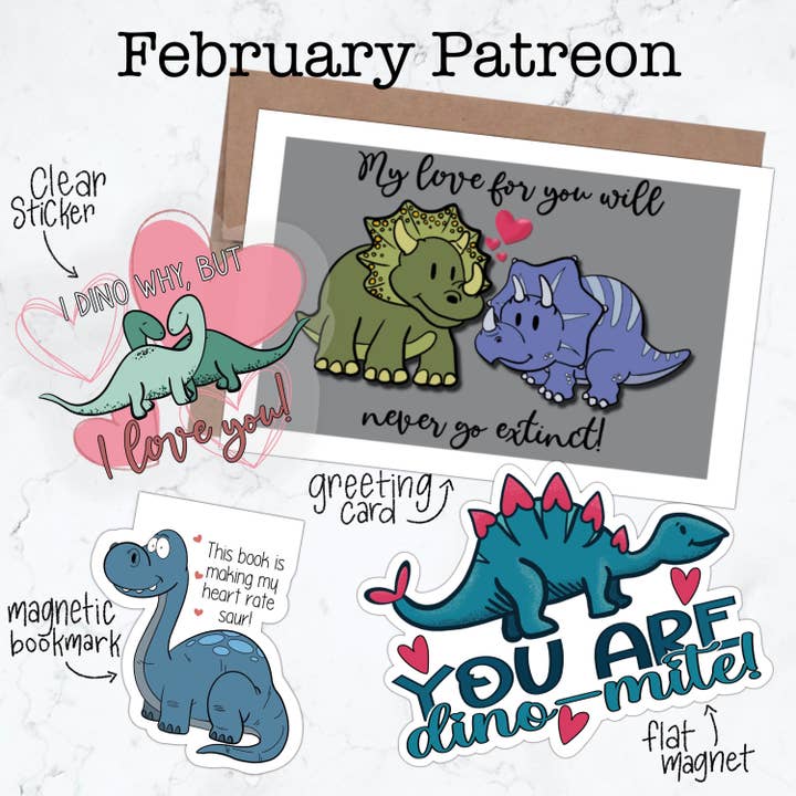 Dinosaur Love Bundle - Adesivo, biglietto, segnalibro, magnete per la vendita all'ingrosso da parte di Stick With It Sticker Co
