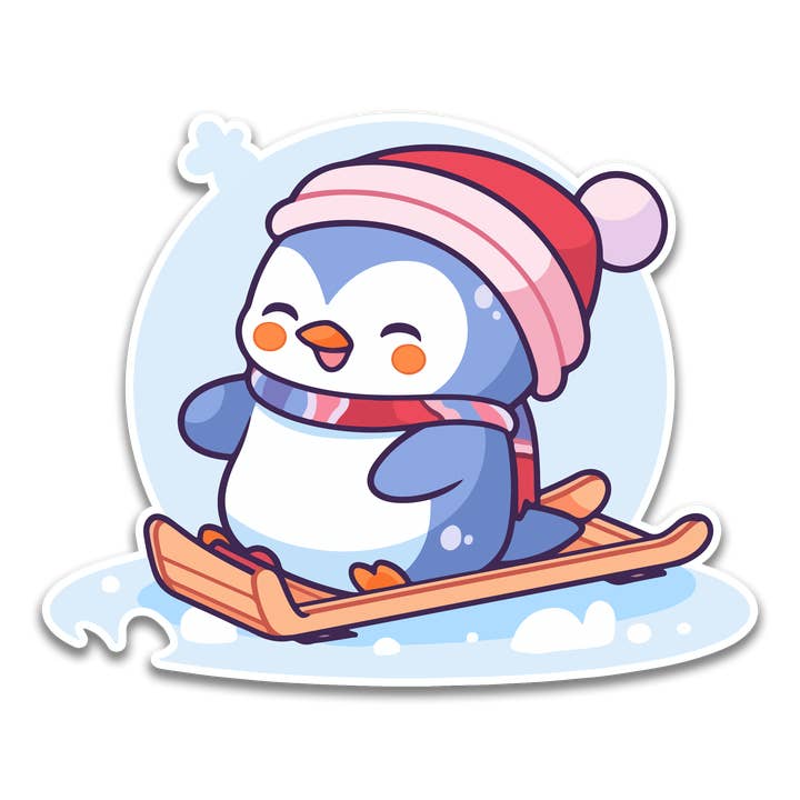Sledding Penguin Sticker for wholesale by Stick With Finn