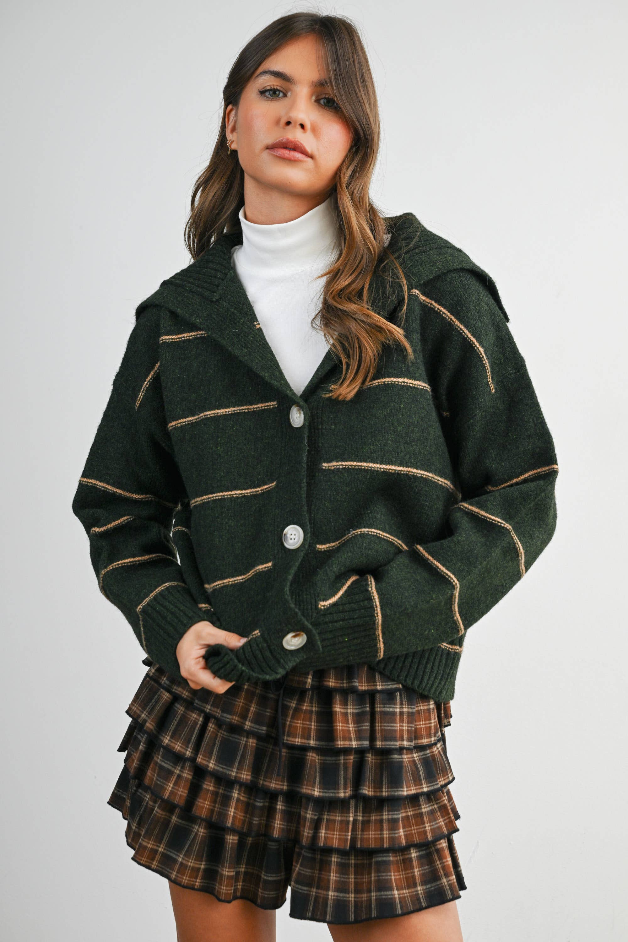 BUTTERMELON - Wholesale Knit Sweater - Women's - Button-Up Striped Collared Long Sleeve Top - BMC788340