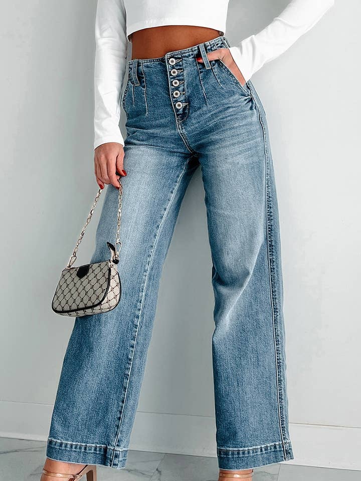 Multi Buttons Medium Wash Straight Loose Leg Jeans for wholesale by Umorger