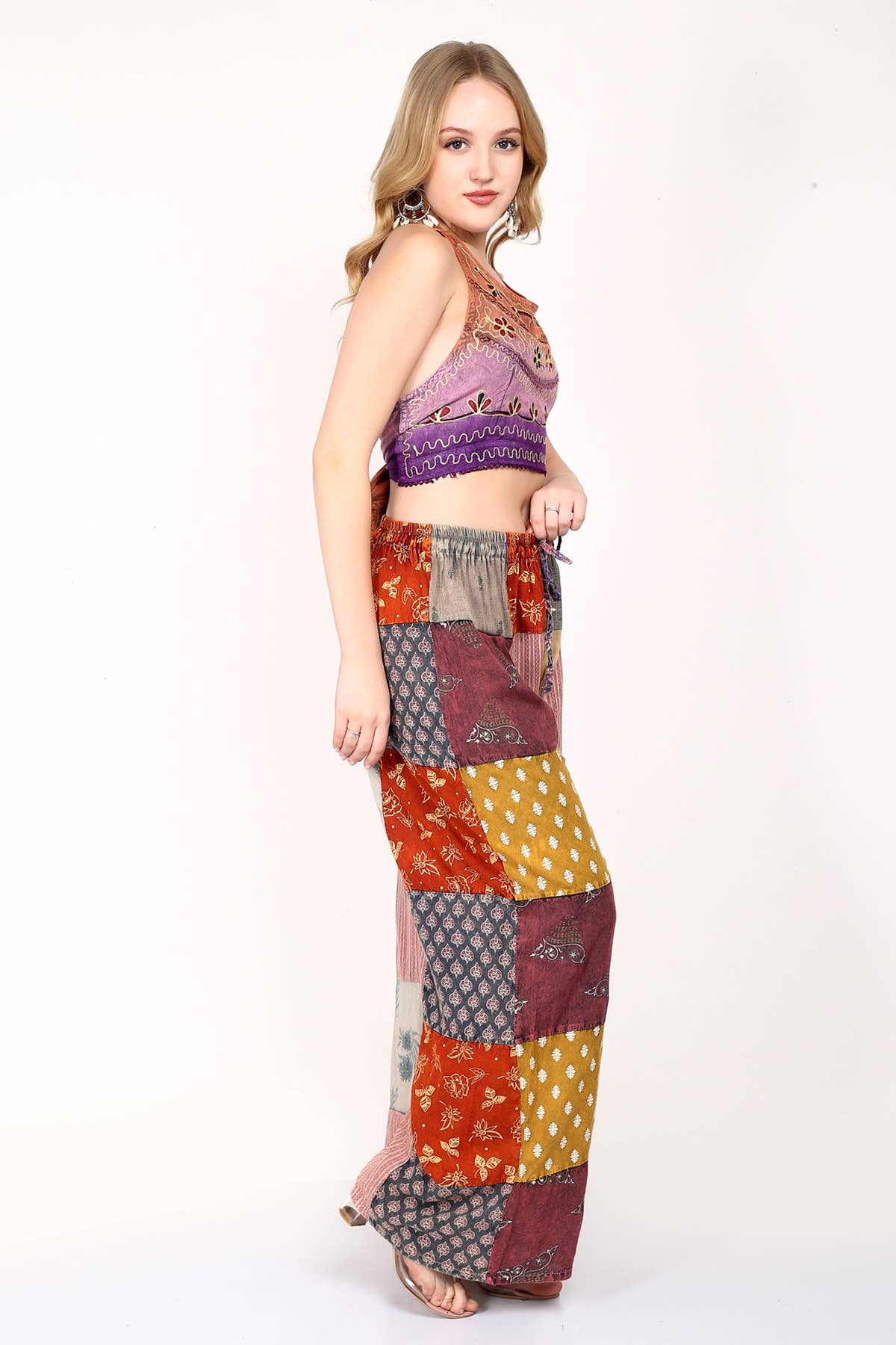 Wevez - Wholesale Pants - Women's - Women Patchwork Wide Leg Acidwash Elastic Waist Pant Mix Lot10