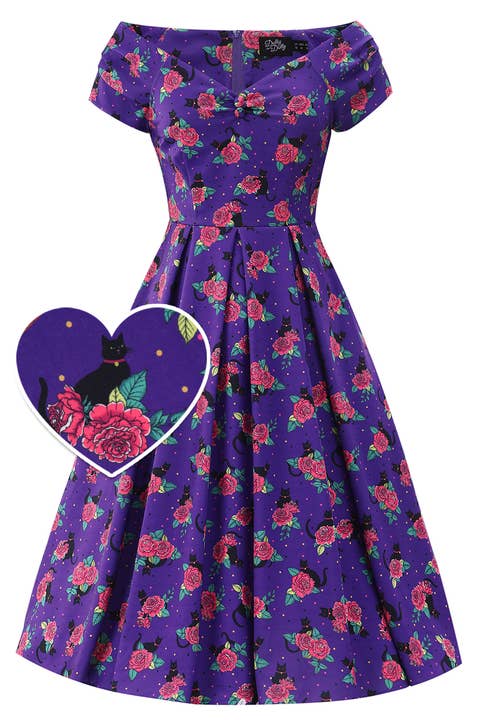 Lily Purple Vintage Cat & Rose Off Shoulder Dress for wholesale by Dolly & Dotty