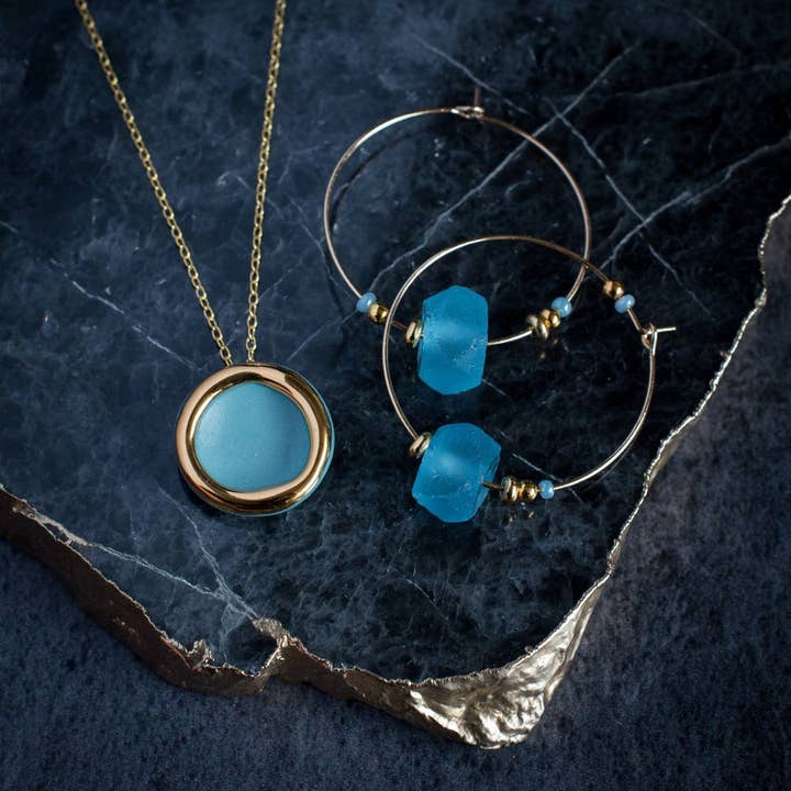 Blue Glass Krobo Earrings for wholesale by DANU Ceramics